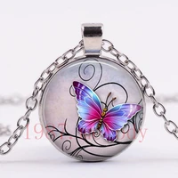 flower butterfly creative vintage photo cabochon glass chain necklacecharm women pendants fashion jewelry gifts
