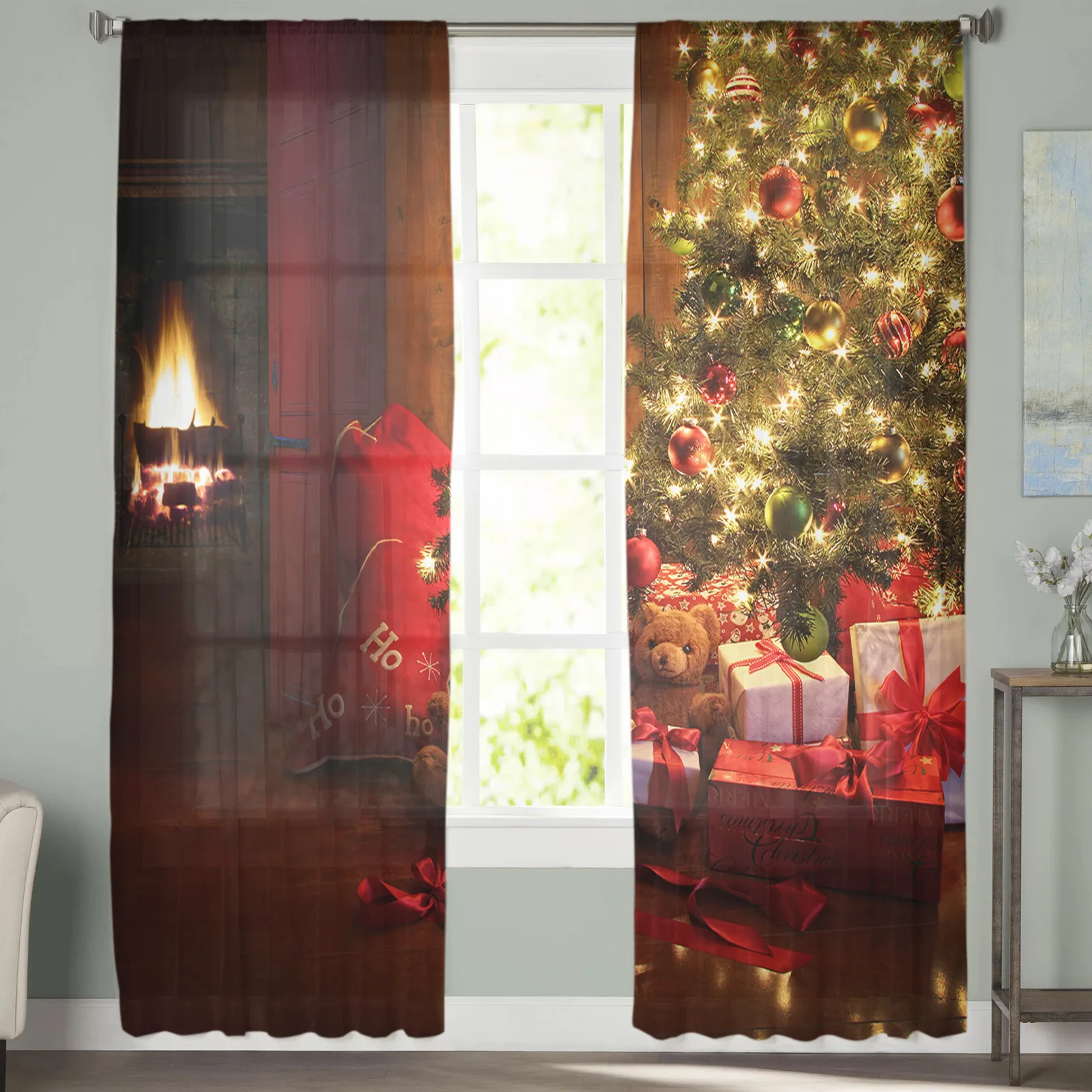 Медведь для рождественской елки красные огненные прозрачные шторы