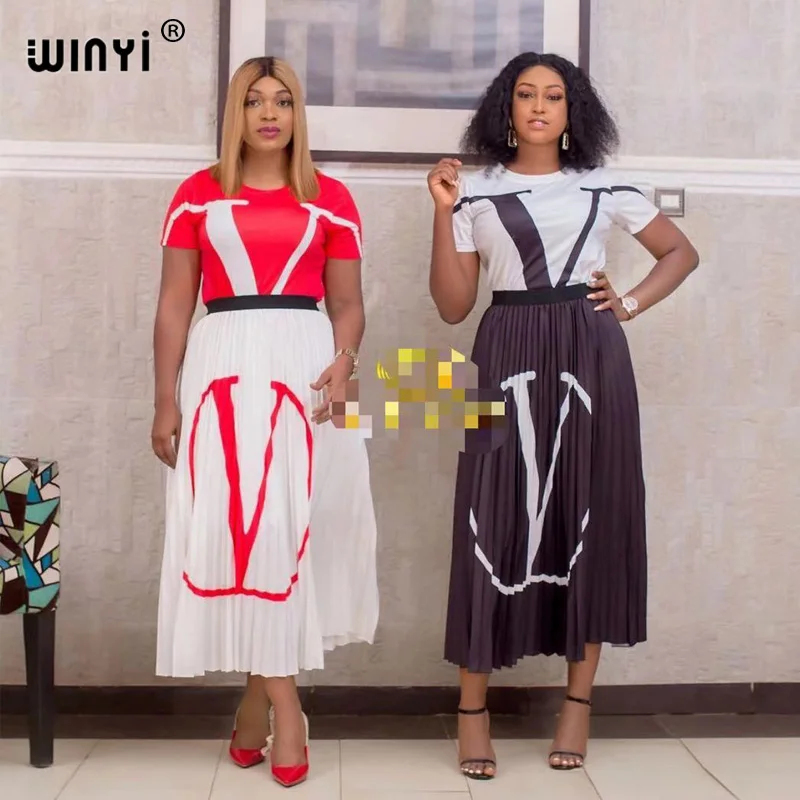 

WINYI Contrasting AFRICA traf geometric printing shirt two-piece suit women's autumn new style + high waist pleated skirt suit