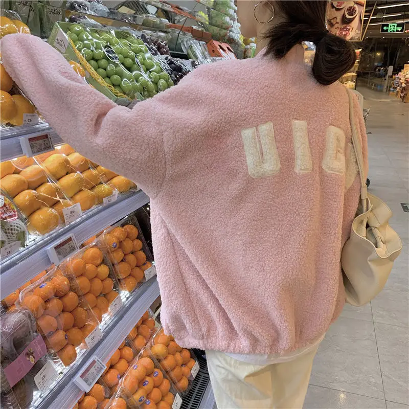 

Buttons Up Vintage Women Plus Faux Lambswool Sweatshirt Pockets Letter Casual Oversized Harajuku Streetwear Womens Tops Trendy