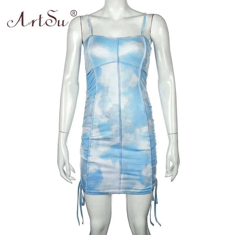 ArtSu/модные летние мини платья с принтом в виде галстука красителя синие и розовые