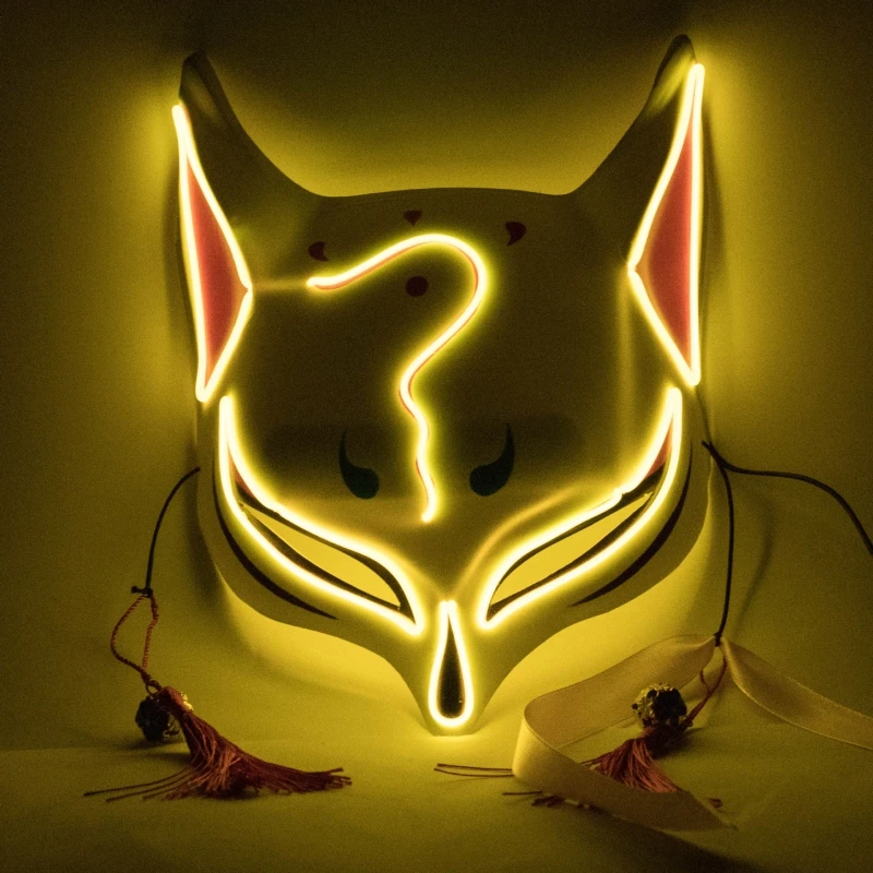 

Anime Genshin Impact Decor Japanese Fox Mask Neon Led Light Cosplay Mask Halloween Party Led Mask Dance DJ Payday Costume Props