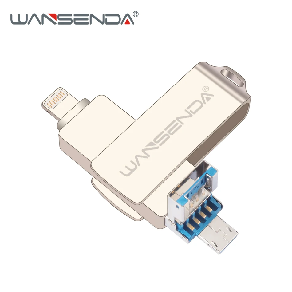 Wansenda OTG USB флеш-накопитель USB3.0 для iPhone/iPad/IOS/Android/PC 128 Гб 64 ГБ 32 ГБ 16 ГБ 8 ГБ флеш-накопитель 3 в 1 высокоскоростной флеш-накопитель - Цвет: Серебристый