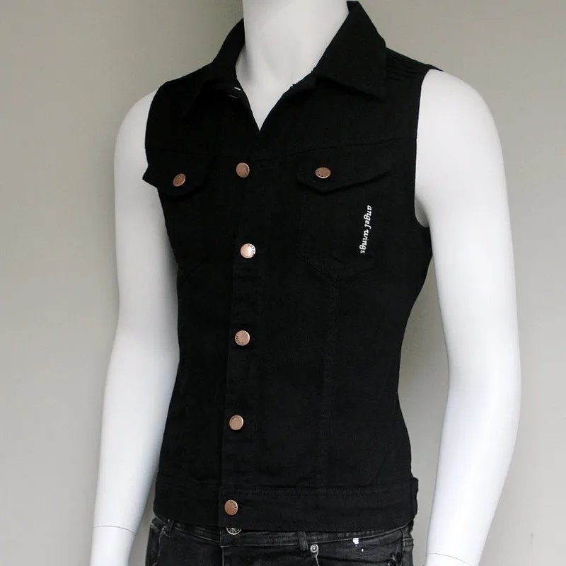 Fashion Mens Casual Sleeveless Denim Vest Short Jacket Harajuku Printed Single Breasted Waistcoat Korean Slim Fit Cowboy Vests | Мужская