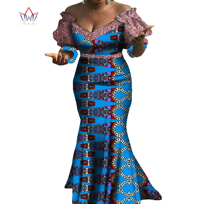 African Dresses For Women Bazin Riche Style Femme African Clothes Graceful Lady Print Wax Plus Size Party Mermaid Dress WY8103