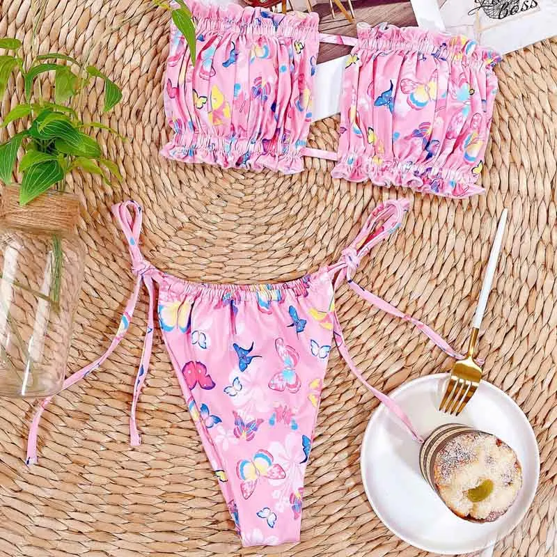 

Micro Tie Dye Bikini Sexy Hot Pink Bandeau Colorful Swimsuit Women Swimwear Strapless Ruffle Bikini Set Bathing Suit Swimsuit E