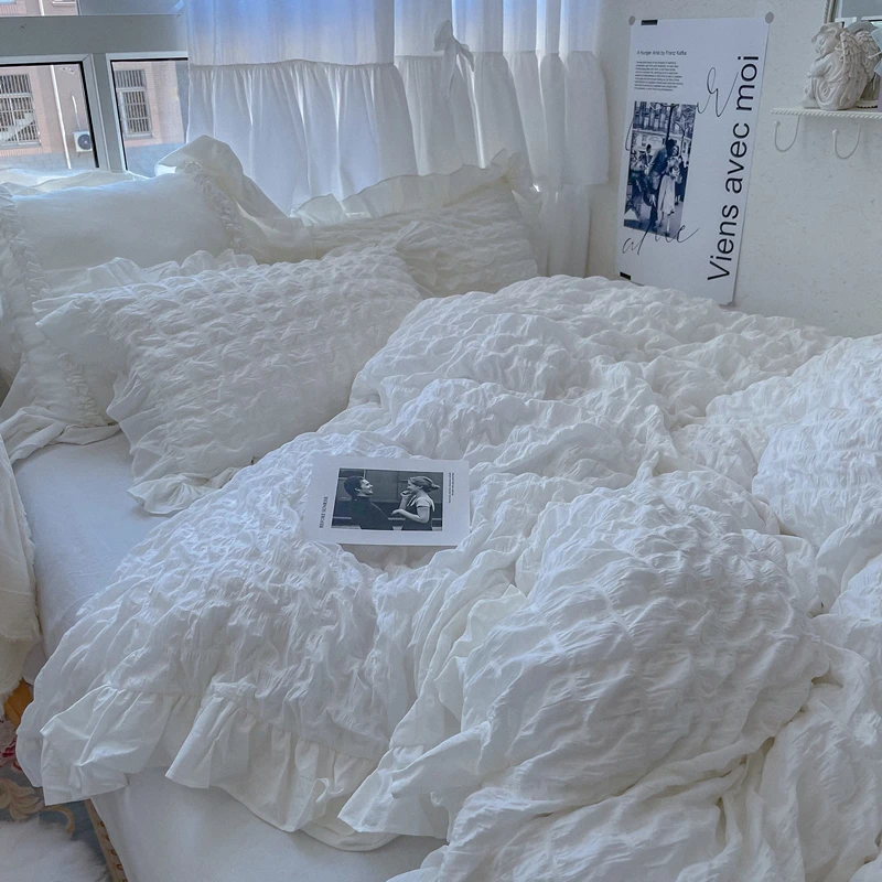 

Autumn and winter all cotton seersucker four piece set warm and comfortable solid color sleepable quilt cover sheet bed skirt