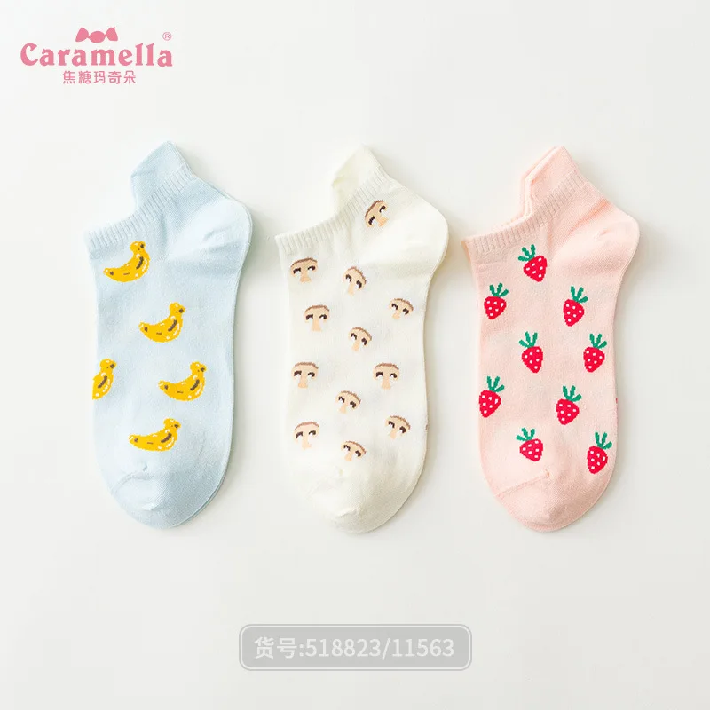 

Caramella 2020 New Cute Sock Women kawaii Fruit Invisible Cotton Comfort Ankle Chaussette Lady Gift Bag Sox Summer Autumn 3Pairs