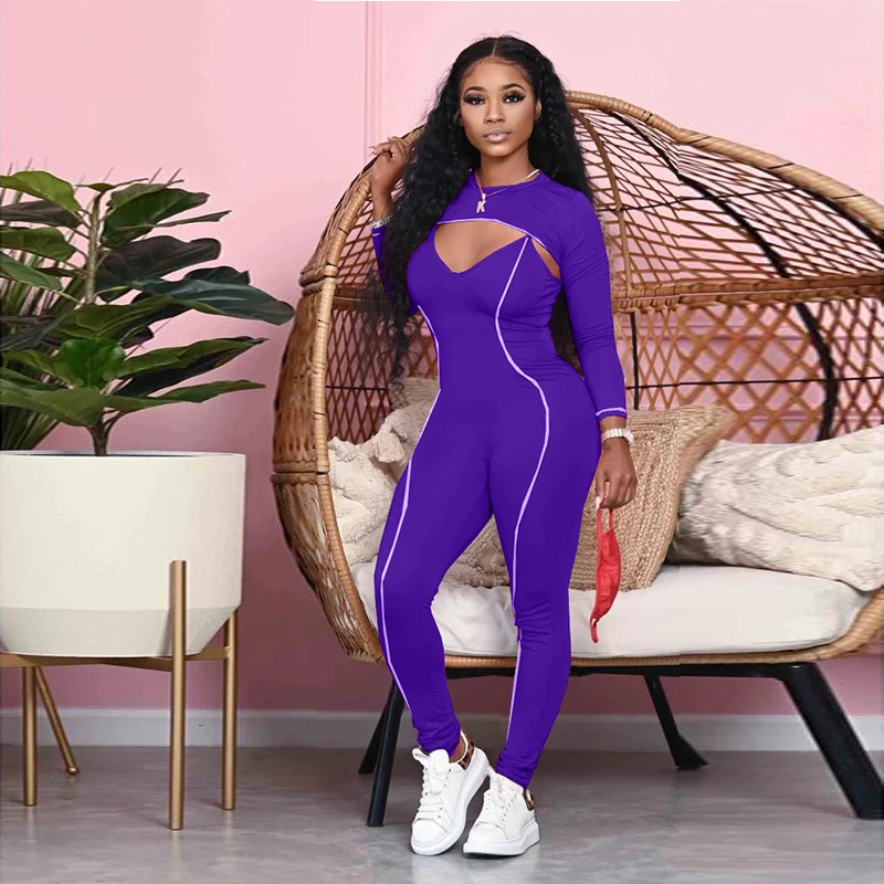 

Sexy Women Two Piece Set Long Sleeve Crop Top+Spaghetti Strap Bodycon Jumpsuit Fall Woman Fashion Clothes Club Matching Outfit