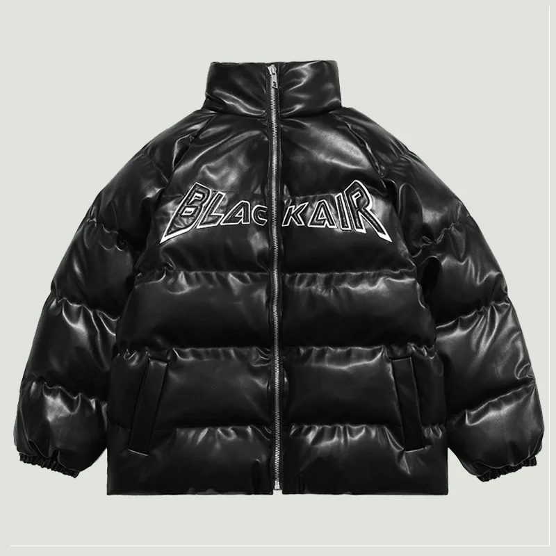 

Streetwear Patchwork PU Leather Parkas Men Hip Hop Harajuku Letter Embroidery Down Coats Winter Padded Warm Loose Outwear Unisex