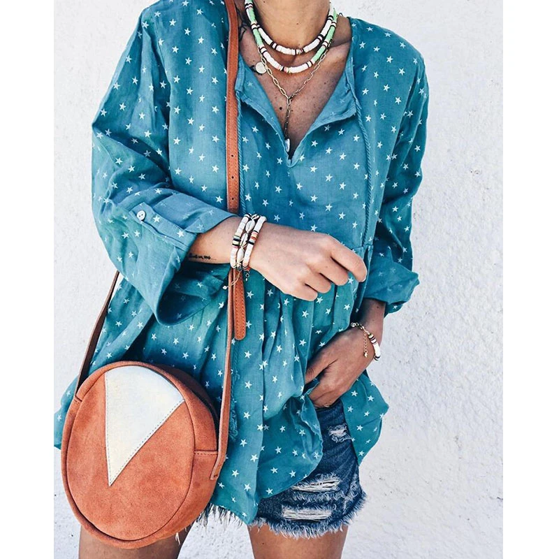 Модные плиссированные блузки с v-образным вырезом и принтом пентаграммы для