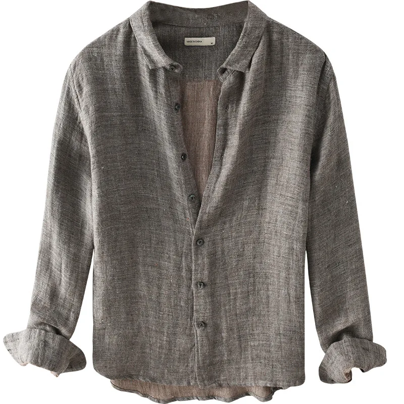 

Men Spring Summer New Fashion Basic Design Japan Simple Harajuku Cotton Linen Long Sleeve Shirt Solid Color Lapel Vintage Blouse