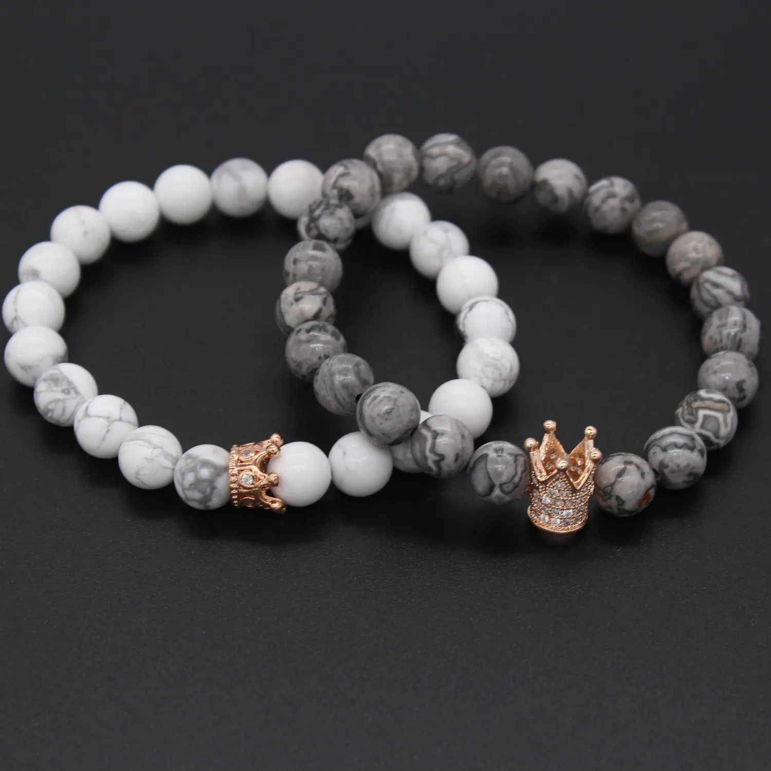 Браслеты Poahfeel его и ее 8 мм серые бусины с картой из камня Howlite браслет подвеской