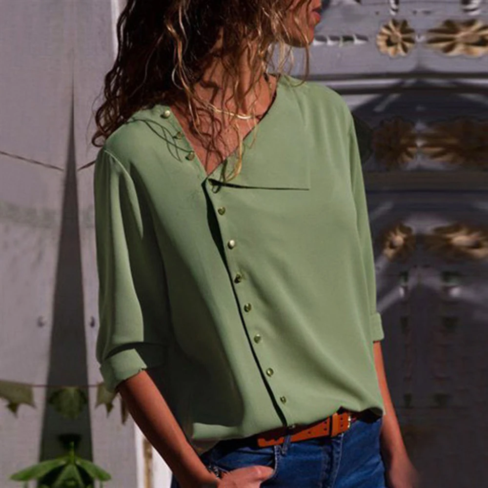 Одноцветная Свободная рубашка с ассиметричным воротником длинным рукавом