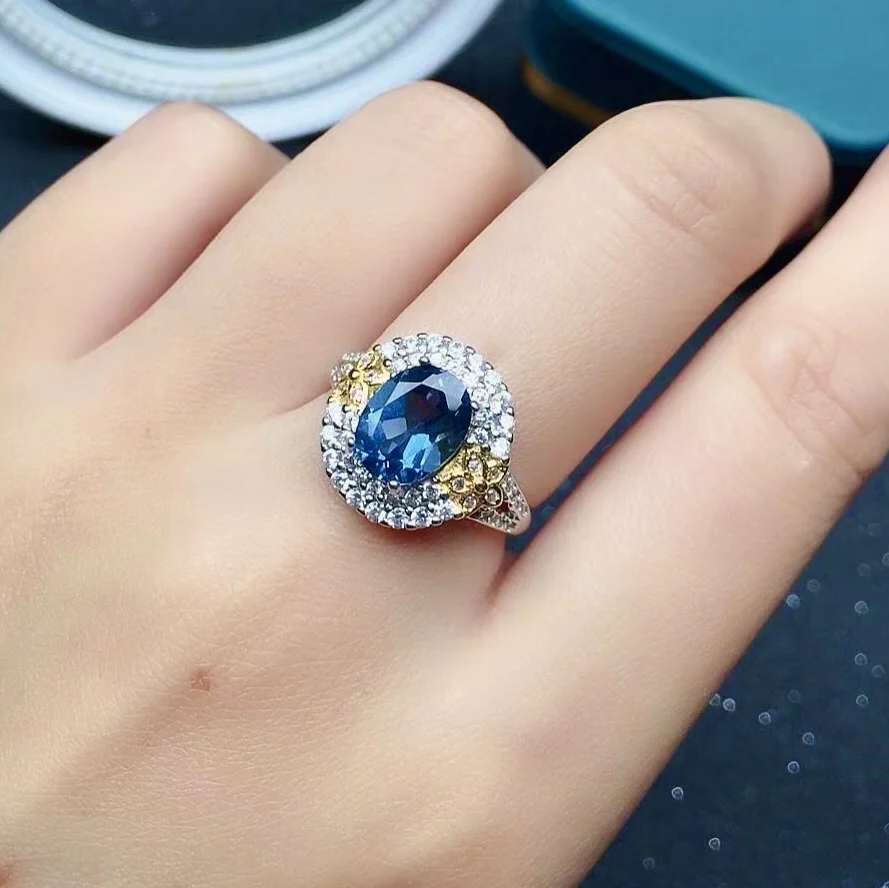 

Luxury 925 Silver Topaz Ring for Party 2ct 7mm*9mm Natural London Blue Topaz Silver Ring Sterling Silver Topaz Jewelry