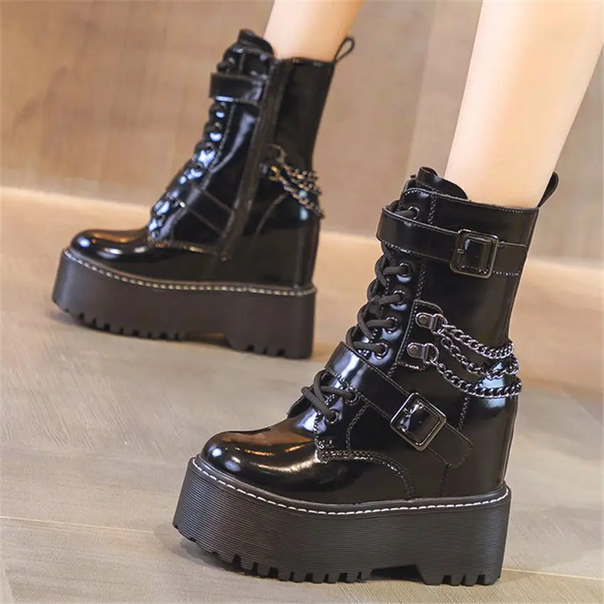 

Military Chunky Oxfords Women's Genuine Cow Leather Round Toe Platform Wedge Ankle Boots Buckle Chain Strap Motorcycle Winter