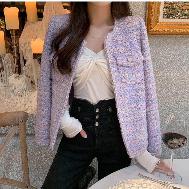 

Women Korean Fashion Tweed Jacket Sweet O-Neck Cardigan All-Match Short Coat Slim High Quality Elegant Female Small Outwear Top