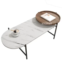 1028 living room simple oval marble tea table light luxury creative wood combination round tea table modern simple coffee table