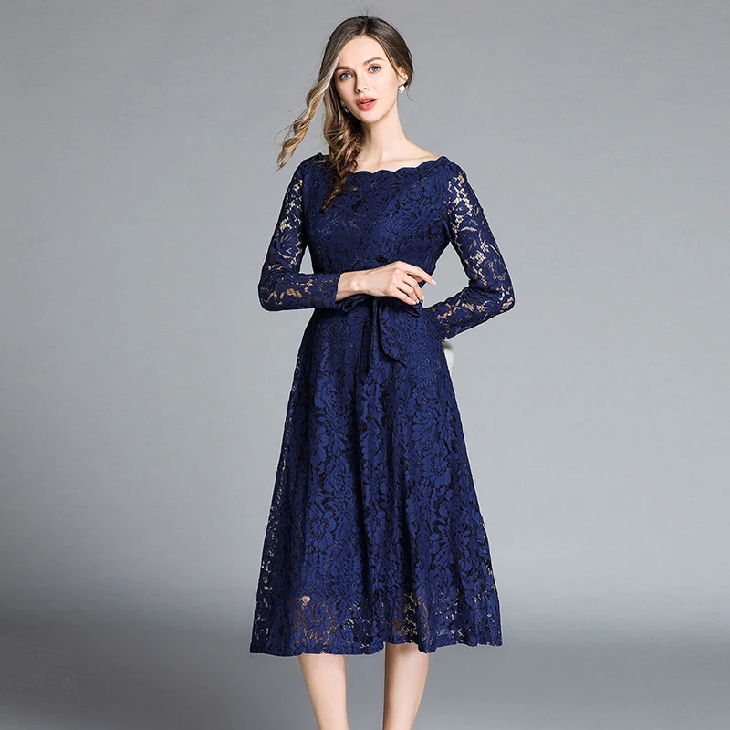 Женское кружевное платье с бантом облегающее повседневное темно-синее