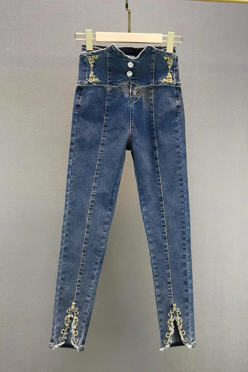 

Super High Waist Jeans for Women 2021 Spring Autumn New Skinny Embroidery Pencil Pants Back Zipper Harajuku Jeans Students Jean