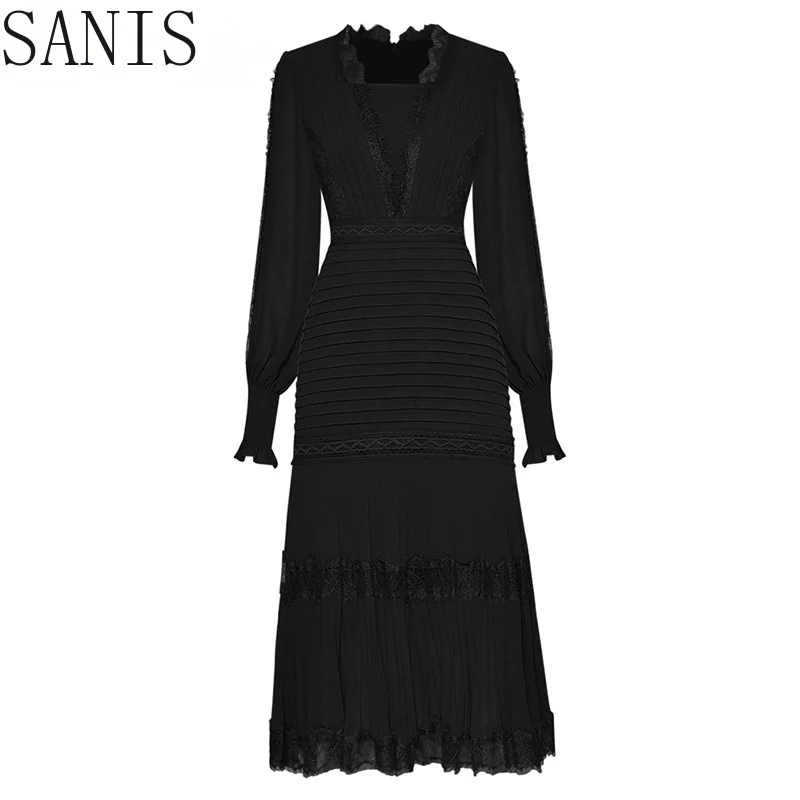 

Sanis 2021 Fashion Runway Summer Black/Blue Dress Women V-neck Lace Patchwork Long sleeve High street Lady Elegant Midi Dress