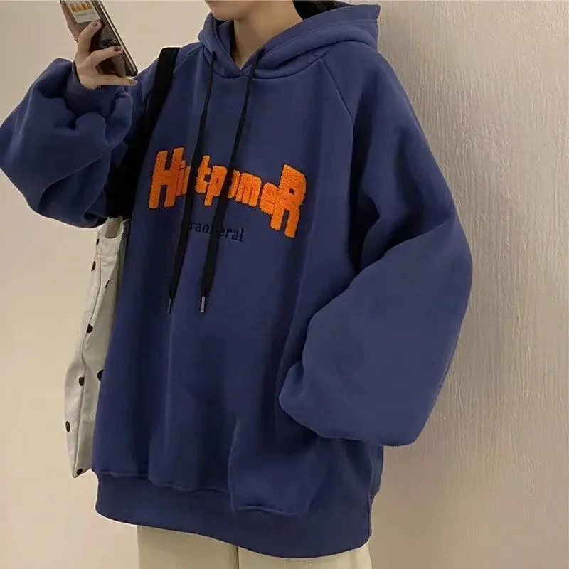 

New plus velvet padded hooded sweatshirt women autumn and winter letters loose Korean style streetwear top Harajuku hoodie