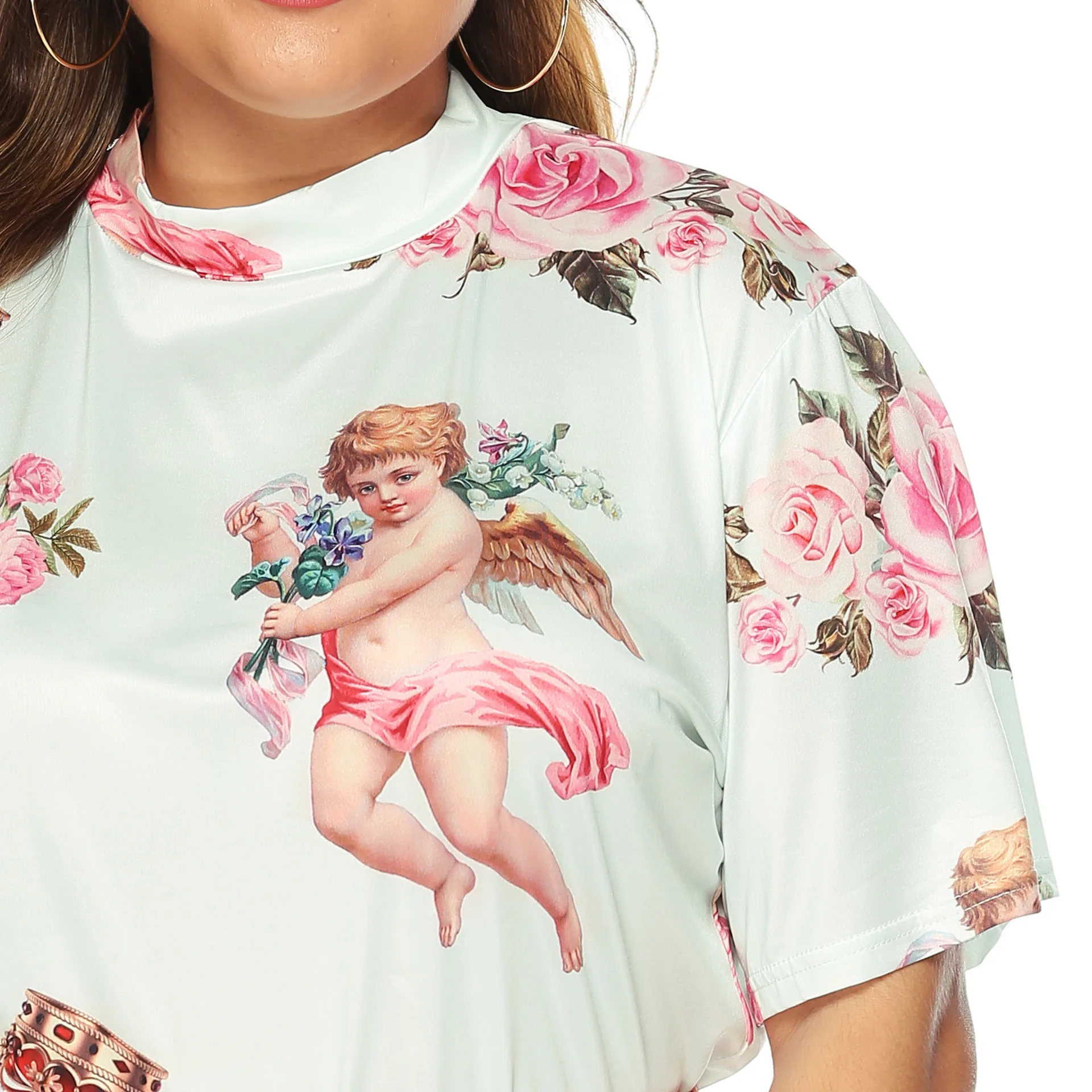 Женская свободная футболка с цветочным принтом белая блуза круглым вырезом и