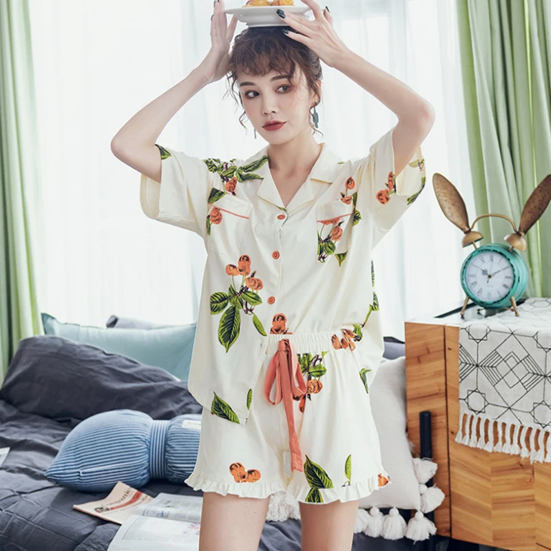 

Летний розовый хлопковый короткий женский пижамный комплект, Корейская Пижама с мультипликационным принтом, одежда для сна, пижамный компл...