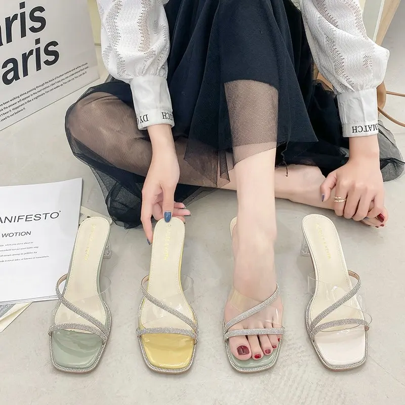 

High-Heeled Shoes Lady Slippers Women Summer Slides Med Jelly Flip Flops Pantofle Fashion Soft Glitter 2021 Luxury Crystal Pumps