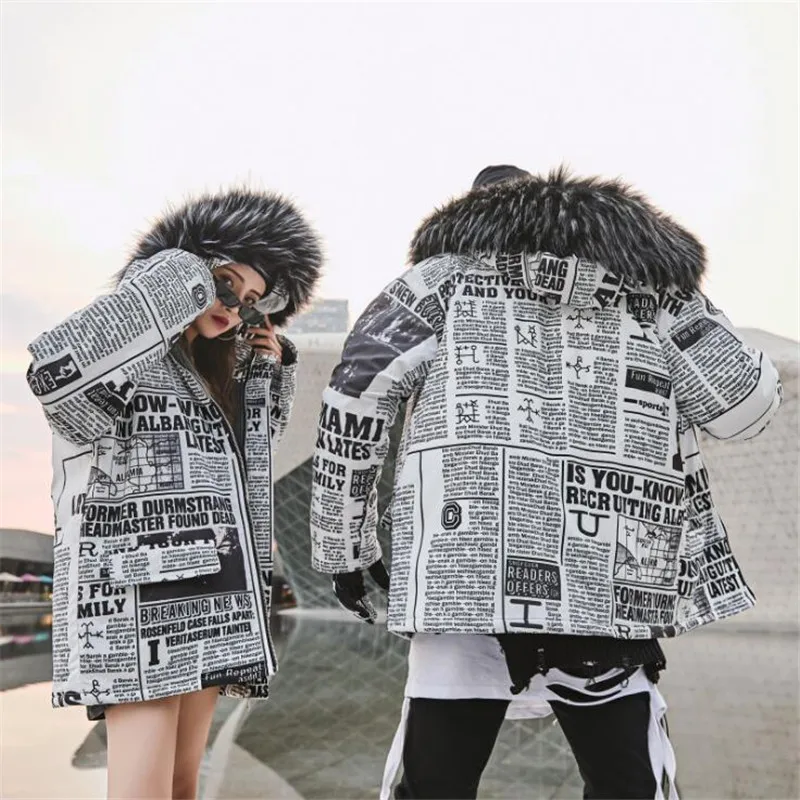 

Men Women Fashion Newspaper Print Jacket Parkas Men's 2019 Thick Warm Winter Coat Parka Male Fur Hooded Winderbreak Outdoor