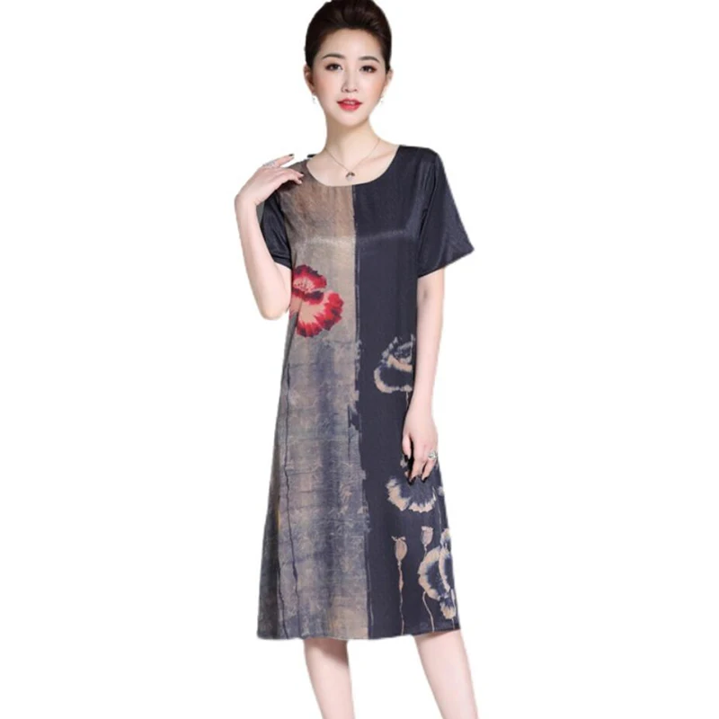 

Женское повседневное элегантное платье средней длины, облегающее летнее платье из шелка тутового шелкопряда с цветочным принтом, модель ...