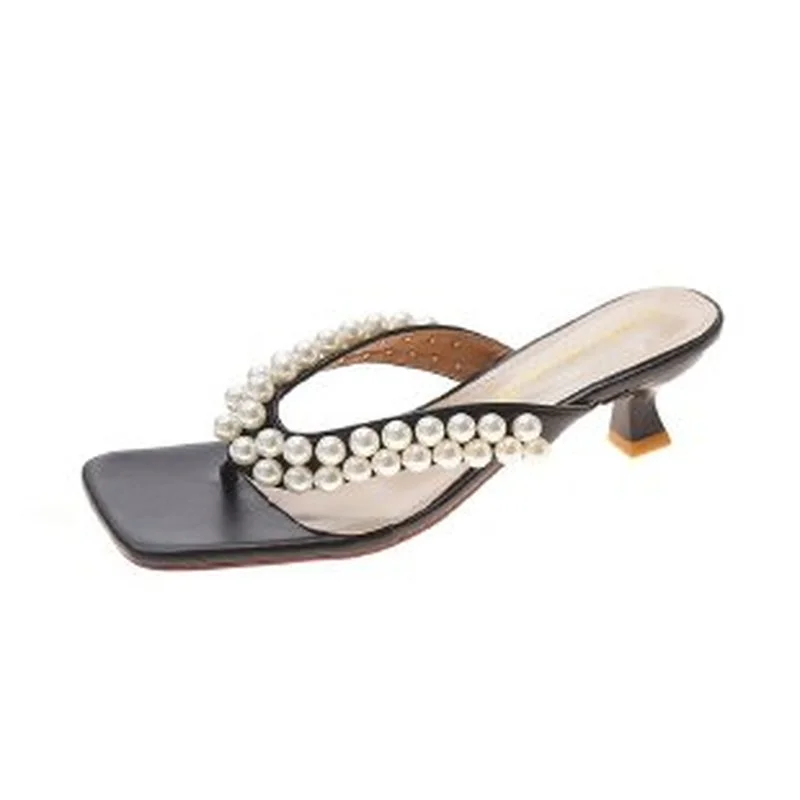 

2021 Summer New Fashion Women's Flip Flops Solid Color Beaded Stiletto Sandles Square Toe Clip Toe Women High Heel Slippers