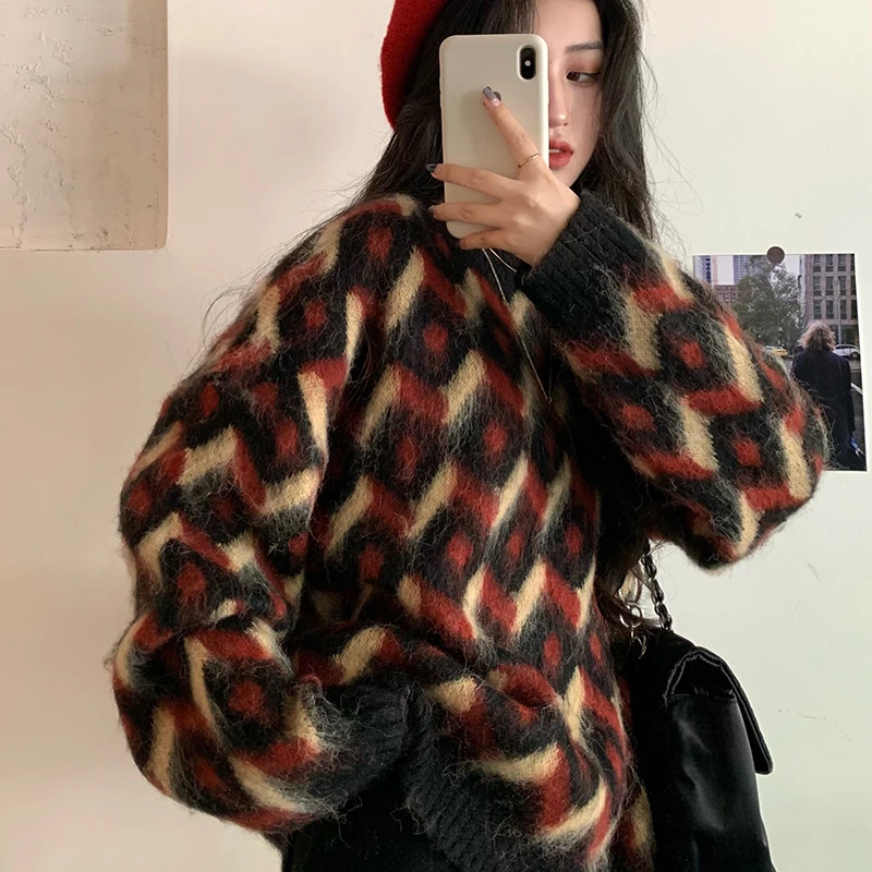 

3Colors womens knitted Sweater Autumn and winter loose korean style female Mohair Plaid Sweaters and pullovers womens (C9948)