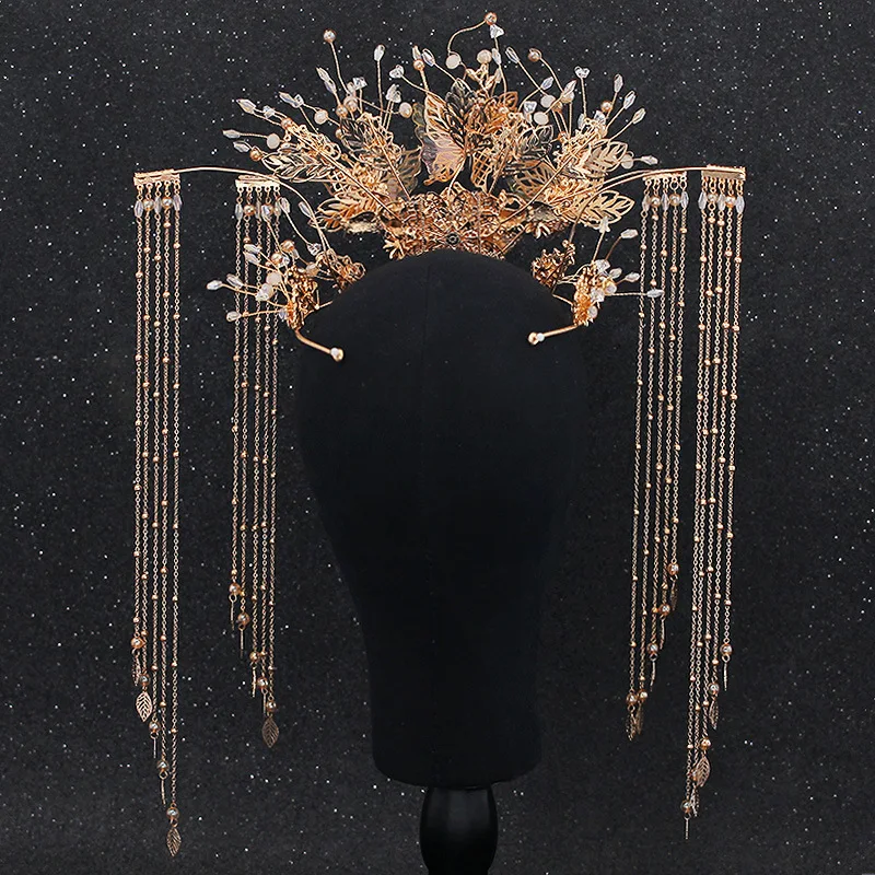 JaneVini Роскошные китайские заколки из бисера длинные кисточки золотые короны для