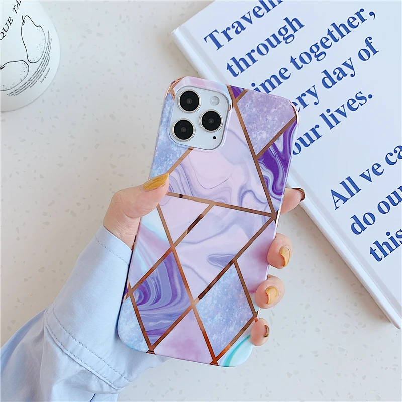 

Stylish Electroplated Geometric Purple Marble Phone Case For iPhone 12 11 Pro MAX XR X 7 8 Plus SE2020 Soft IMD Back Cover Coque