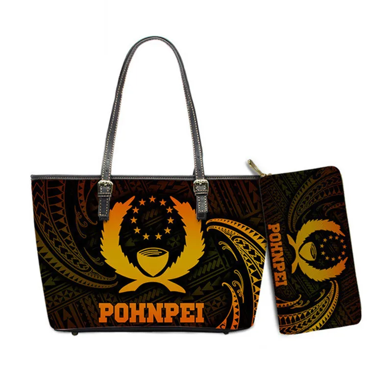 

Handbags Polynesian Pohnpei Tribal Print 3D Fashion PU Shoulder Bag for Office Women Top-handle Bag Clutch Wallets 2Pcs/Set