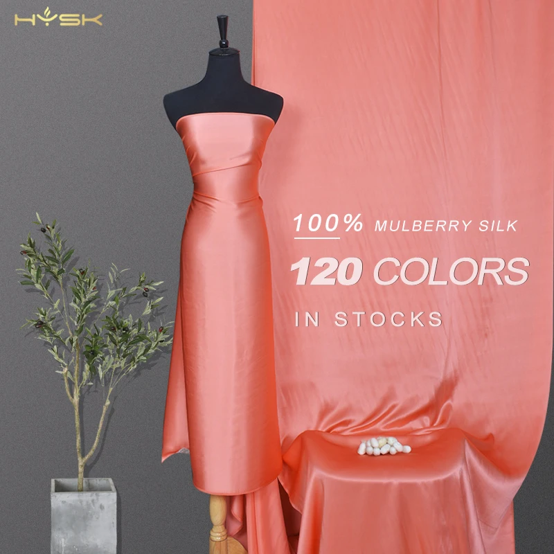 

HYSK 100% silk satin fabric coral soft glossy solid color double sided comfortable material for shirts sleepwear robes V025