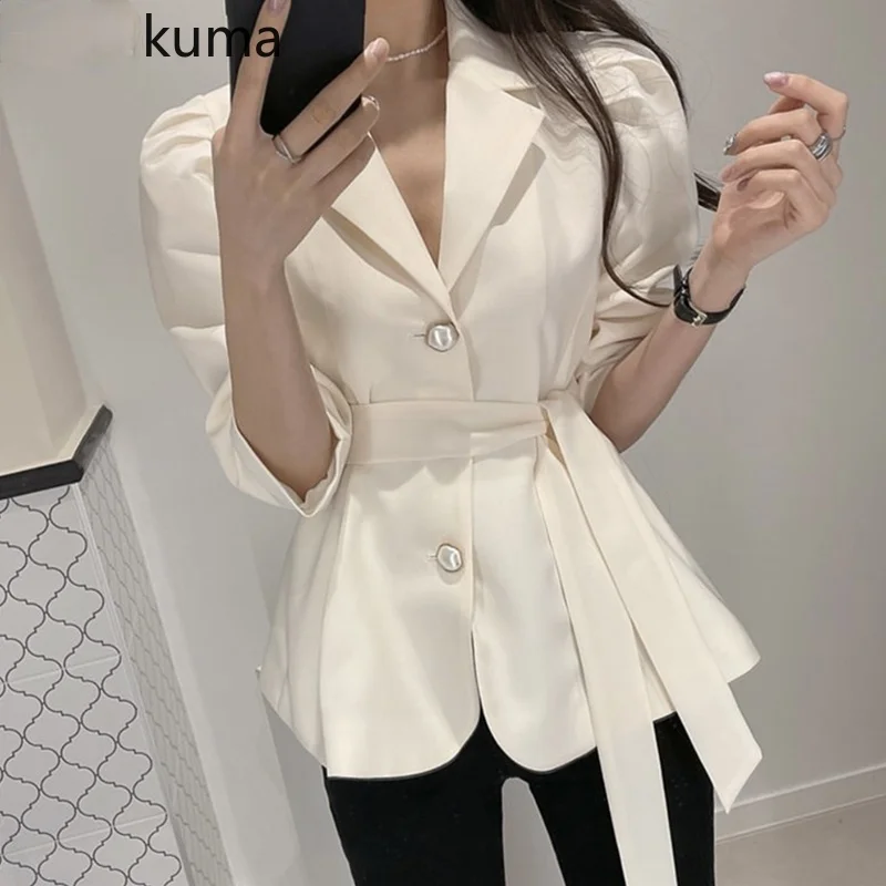 

Spring Notched Collar Blazer Coat Belt Slim Waist Elegant Women Suit Jacket Causal Puff Sleeve Blazers Feminimos