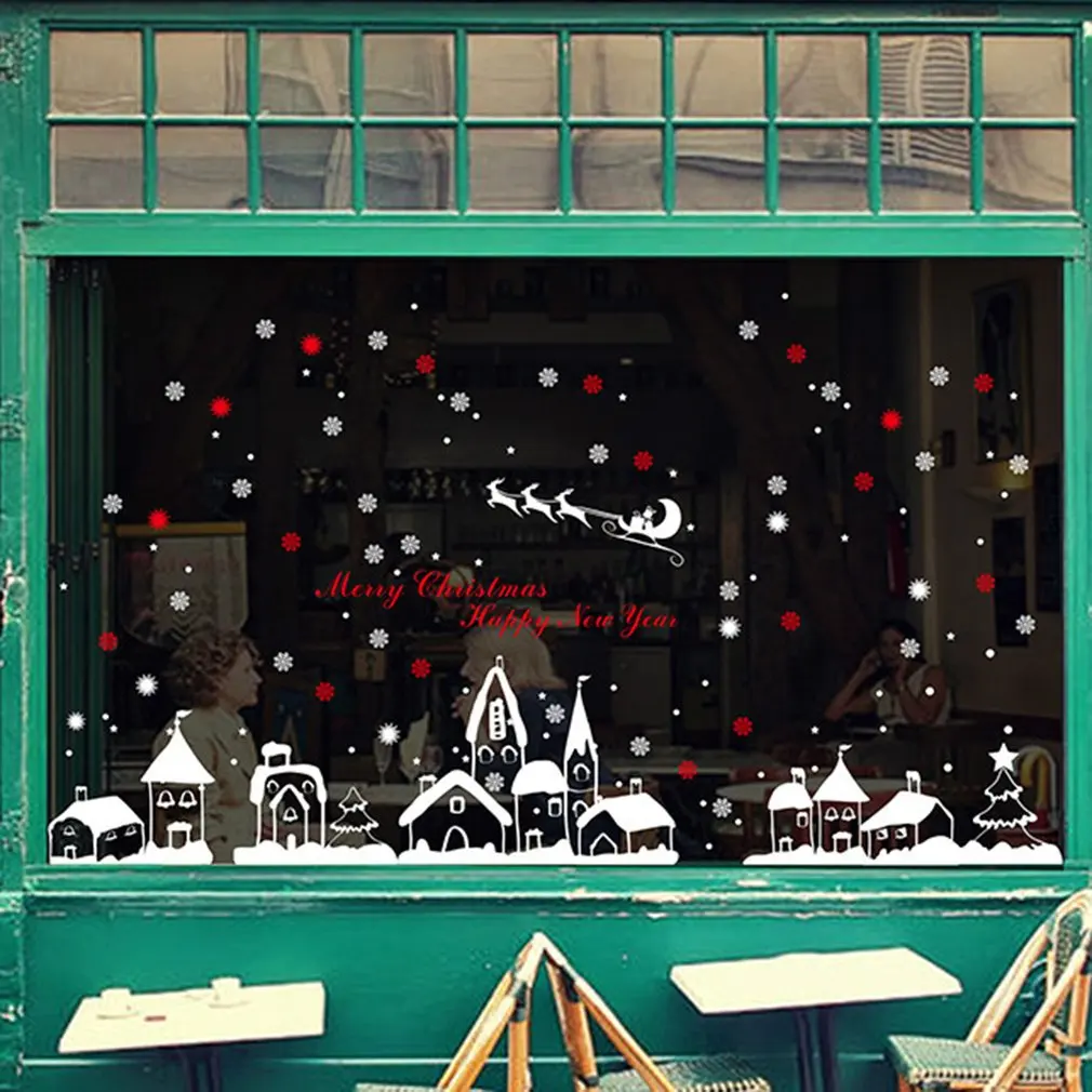 DLX0731 Snow Town Themed Display Window Wall Stickers Removable PVC Decals DIY Decorative Christmas Mural Home Ornaments | Дом и сад