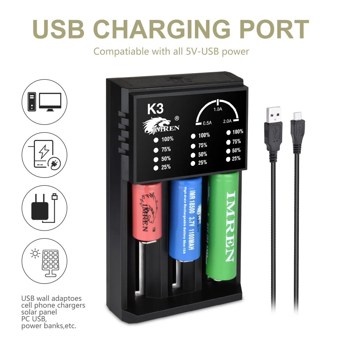 imren k3 usb charger for rechargeable batteries 14500 16650 17650 18650 26650 21700 18350 aa aaa aaaa 3 7v lithium nimh battery free global shipping