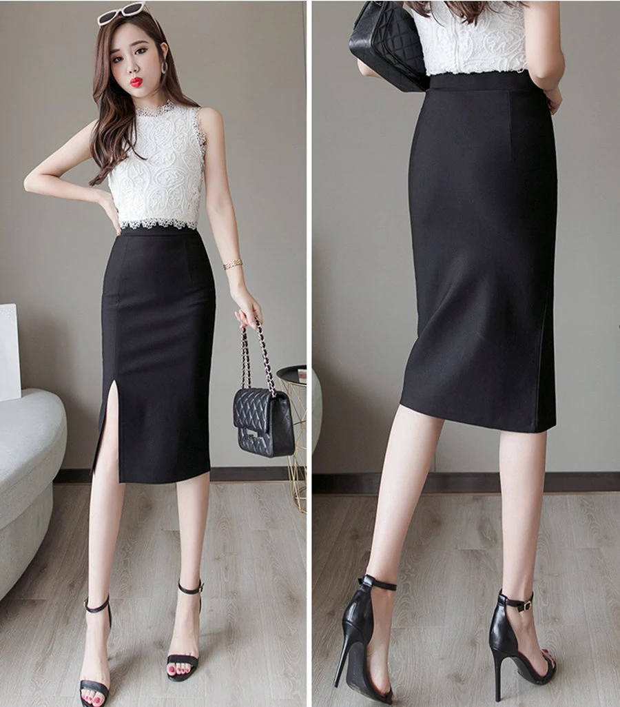 Faldas Mujer Moda Женщин Юбка-карандаш с высокой талией Черный Колен Сексуальные Офисные Дамы Корейский Bodycon Красные юбки Плюс Размер