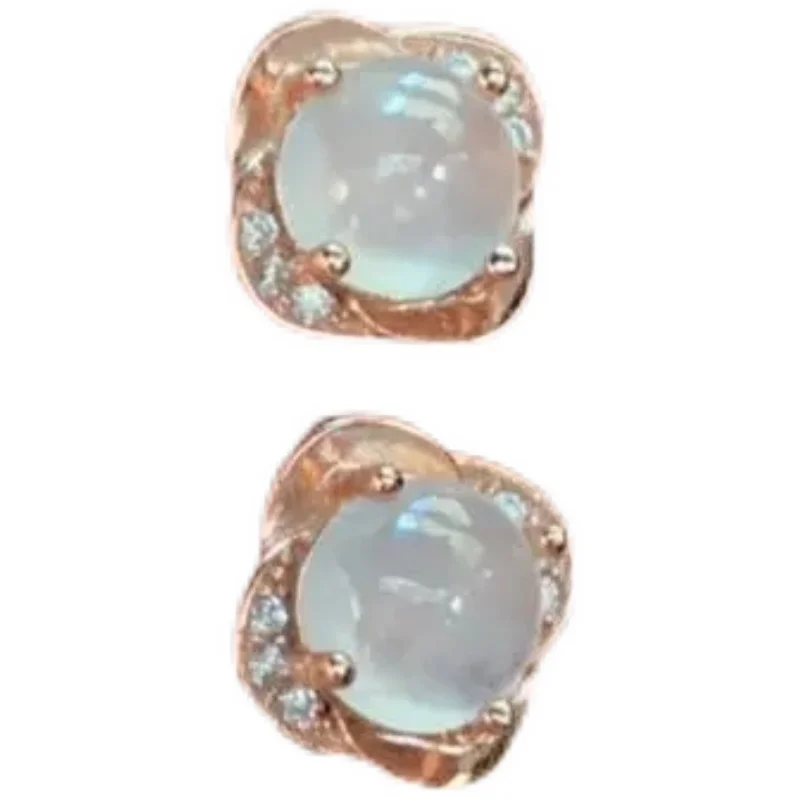 

New Myanmar Chalcedony Jade Stud Earrings Women's Anti-Allergy S925 Silver Inlaid Earrings Ice-like Japanese and Korean Egg