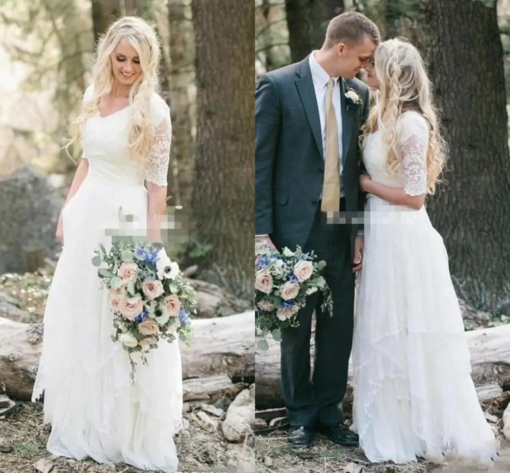 Скромные западные свадебные платья в стиле Country кружевное платье с v образным