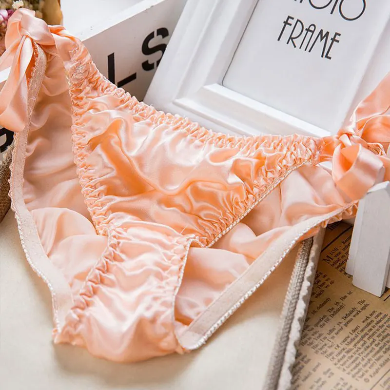 

Women Knickers Silk Satin Lace-up Panties Solid Color Sexy Lace Bikini Briefs Underwear Elastic Intimate Comfortable Underpants
