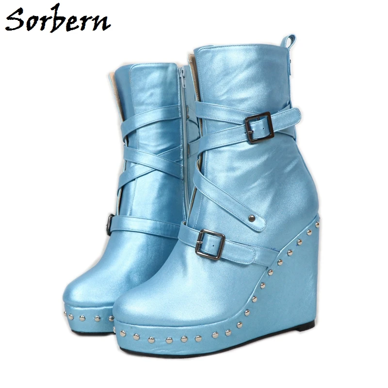 

Sorbern Wedge Heels Ankle Boots For Women Platform Shoe Triple Straps Buckle Rivets Designer Boots Women Round Toe Unisex Boot