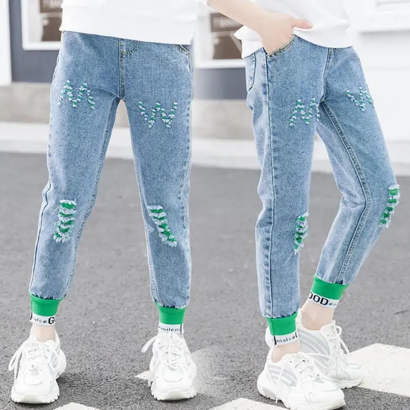 

Одежда для маленьких девочек модные джинсы От 3 до 13 лет, Детские хлопковые джинсовые брюки для детей, с печатью, коллекция: весна-осень, тепл...