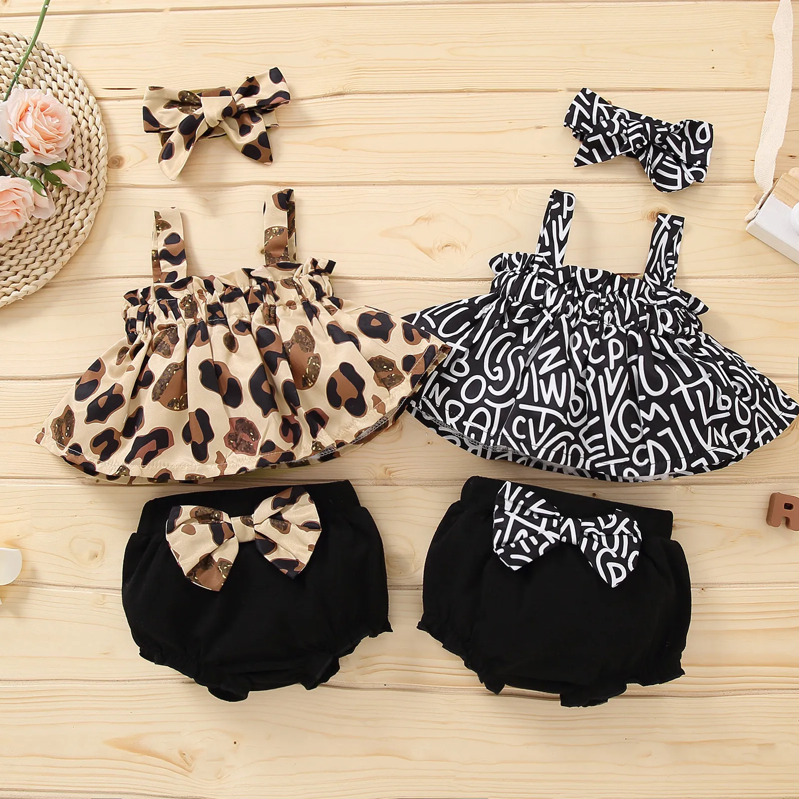 

Infant Baby Girl Outfits Baby Girl Clothes Summer Leopard Striped Tops+Bowknot Shorts+Headband Summer Clothes Set