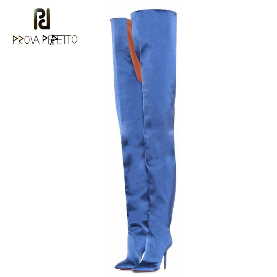 

Prova Perfetto европейские Новые Модные атласные женские сапоги до бедра сексуальные с острым носком на шпильке t-образные женские сапоги для ночн...