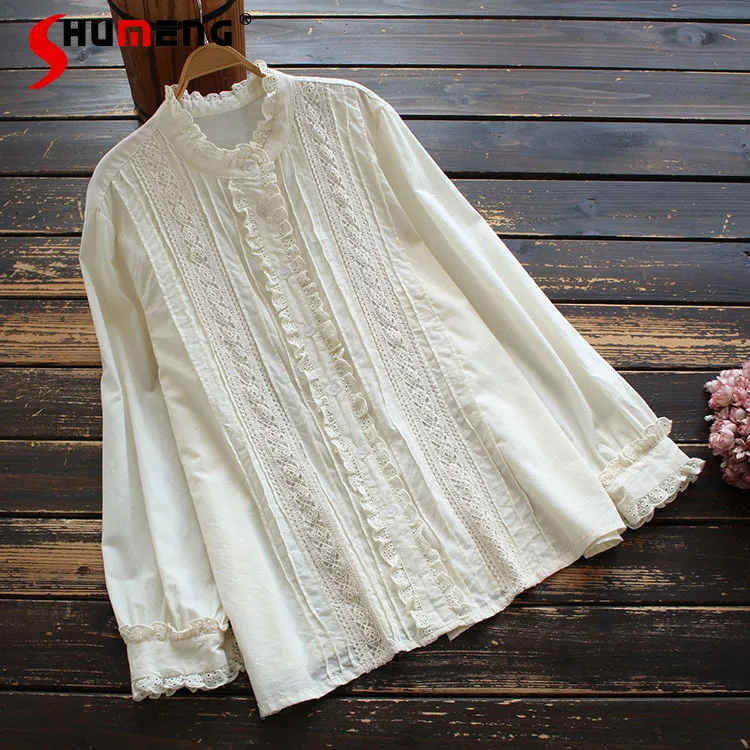 

2021 Spring Fall New Artistic Casual Stand Collar Women Shirt Cotton Button Up White Blouse Lace Fashion Simple Solid Top