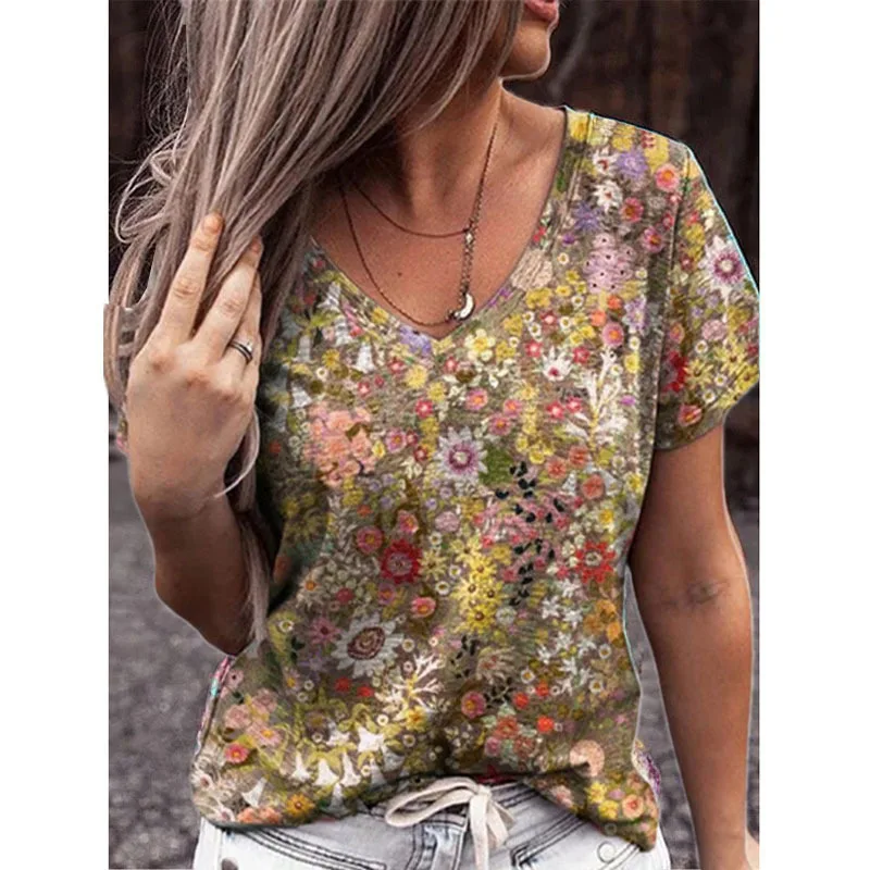 

2021 summer women's V-neck printed short-sleeved casual T-shirt top women